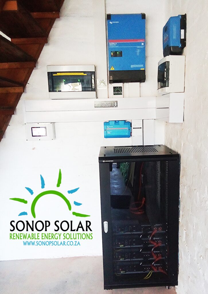You can call this installation - The Boss.
On a factual note, Kuils Rivier was originally named De Boss. A refreshment post of the Dutch East India Company in 1680, also known as de Kuijlen, but we can stick with - The Boss.
A 5kVa Victron installation in THE BOSS by Sonop Solar.