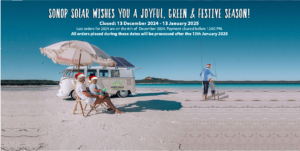 Sonop Solar Festive season notice. a family on a beach with Christmas hats on with a heading in the sky stating that Sonop Solar will be closed for the festive season from the 13th December 2024 to 13 January 2025.